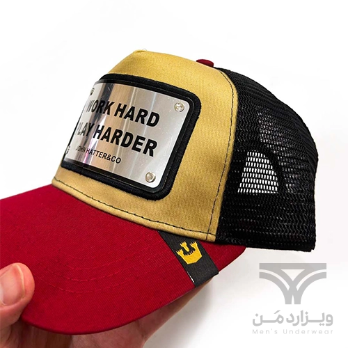 کلاه کپ (لبه دار) جان هتر John Hatter & CO مدل Work Hard Play Harder مشکی زرشکی کرم پشت توری