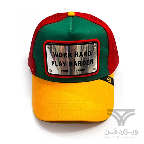 کلاه کپ (لبه دار) جان هتر John Hatter & CO مدل Work Hard Play Harder قرمز سبز زرد پشت توری