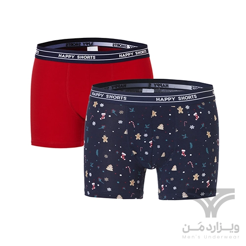 پک 2 تایی شورت مردانه پادار اورجینال هپی شورتس Happy Shorts آلمان وارداتی طرح آبنبات عصایی (Candy Cane) و جوراب کریسمس