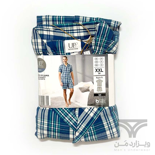 ست مردانه راحتی | لباس خواب اورجینال وارداتی برند آلدی Aldi آلمان UP2 یقه دار چهارخونه آبی | پیراهن دکمه دار یقه دار + شلوارک