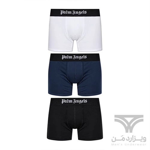 شورت مردانه باکسر بریف اورجینال وارداتی برند Palm Angels سرمه ای مشکی سفید کش 5 سانتی